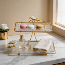 Pasabahce Gold Two-Tier Glass Serving Tray Stand with Floral Accent