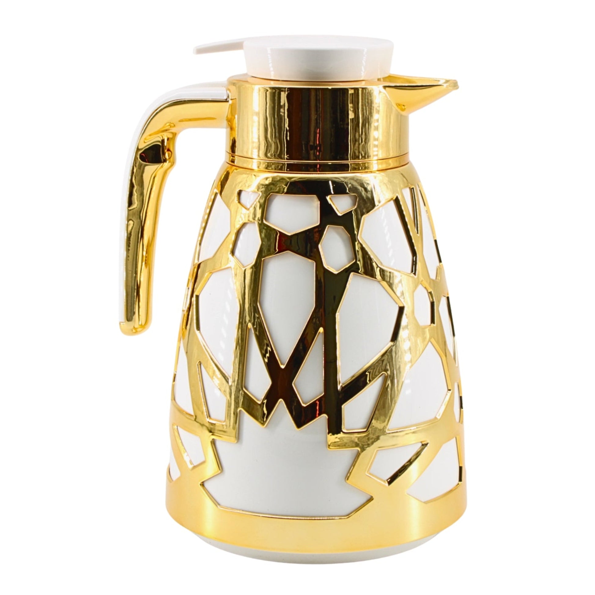 Luxury Geometric Cutout Thermal Coffee & Tea Flask - White & Gold (Modern Arabic Dallah Style)