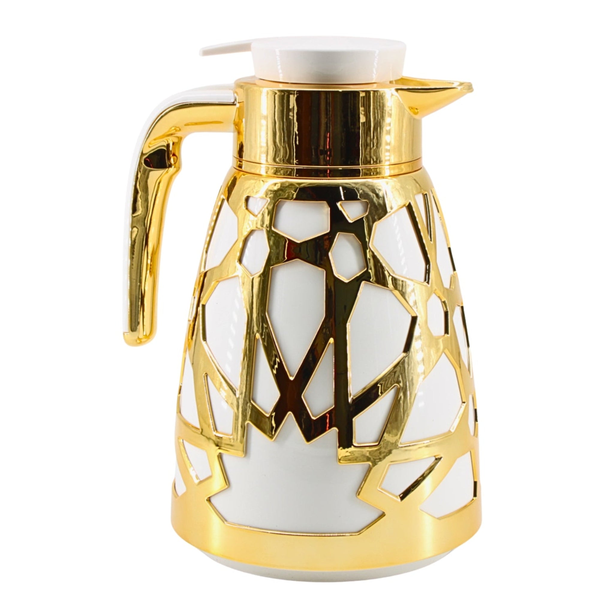 Luxury Geometric Cutout Thermal Coffee & Tea Flask - White & Gold (Modern Arabic Dallah Style)