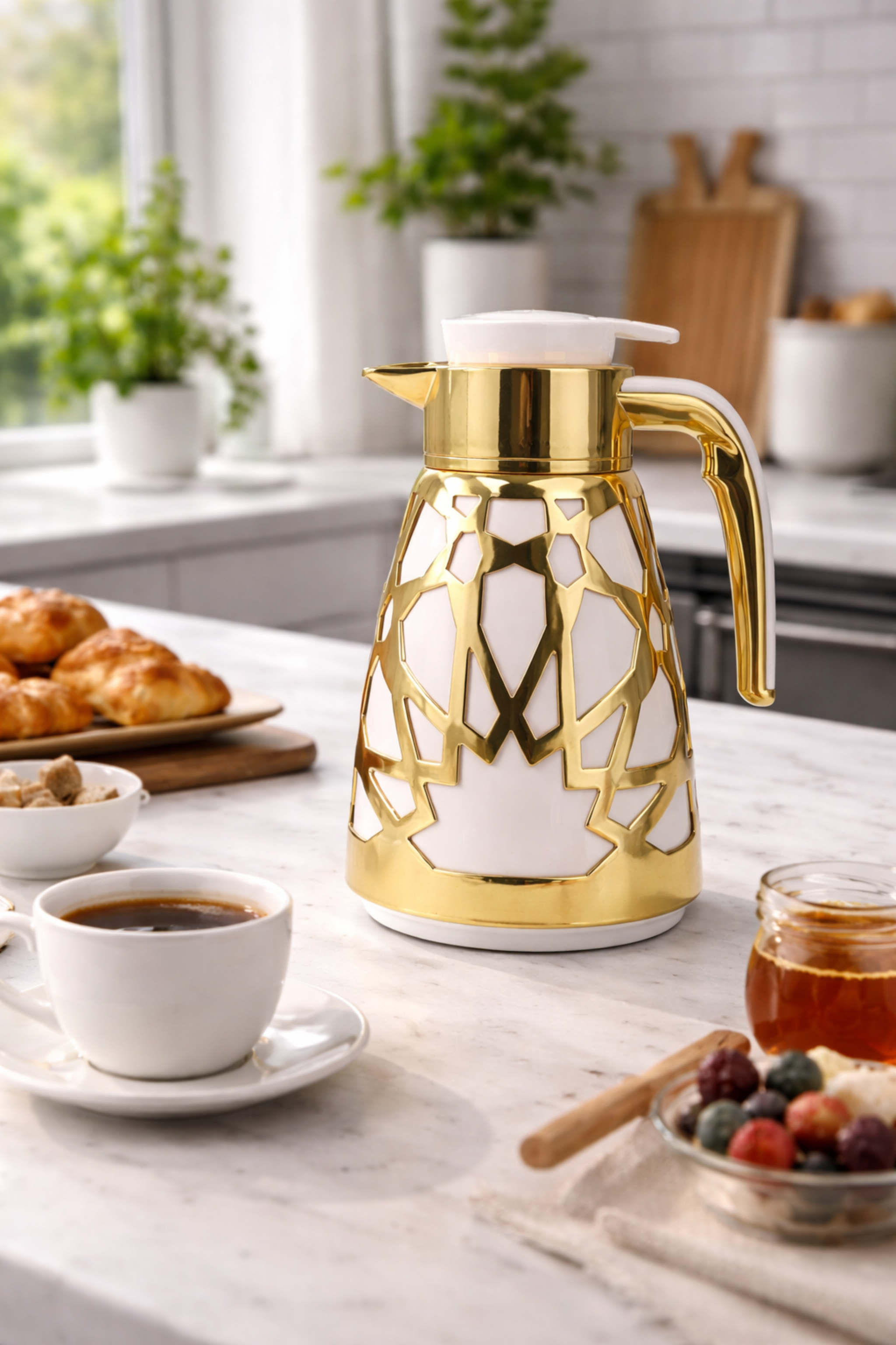 Luxury Geometric Cutout Thermal Coffee & Tea Flask - White & Gold (Modern Arabic Dallah Style)