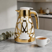 Luxury Geometric Cutout Thermal Coffee & Tea Flask - White & Gold (Modern Arabic Dallah Style)