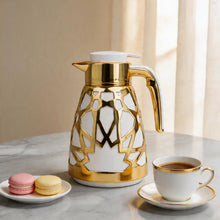 Luxury Geometric Cutout Thermal Coffee & Tea Flask - White & Gold (Modern Arabic Dallah Style)