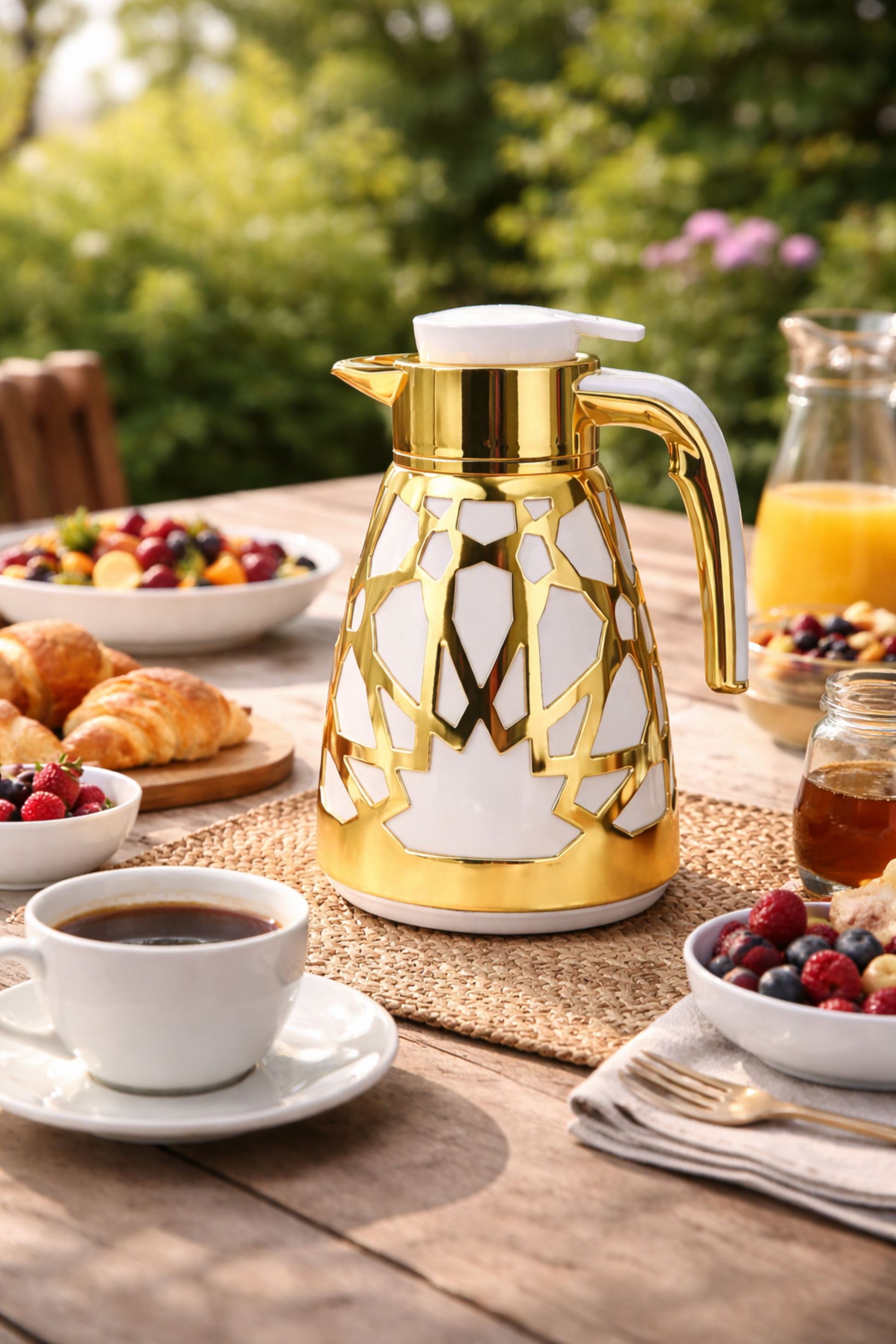 Luxury Geometric Cutout Thermal Coffee & Tea Flask - White & Gold (Modern Arabic Dallah Style)