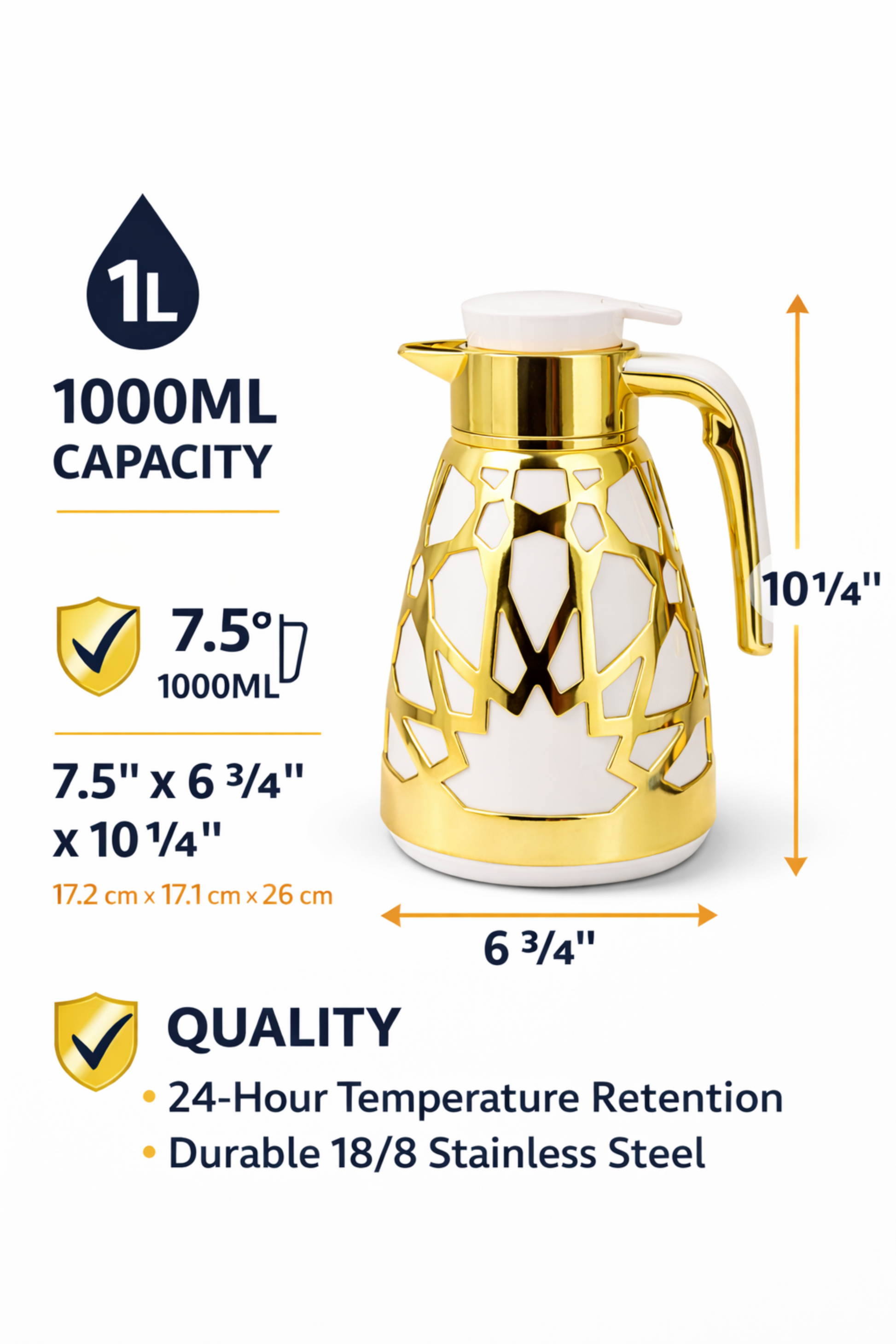 Luxury Geometric Cutout Thermal Coffee & Tea Flask - White & Gold (Modern Arabic Dallah Style)