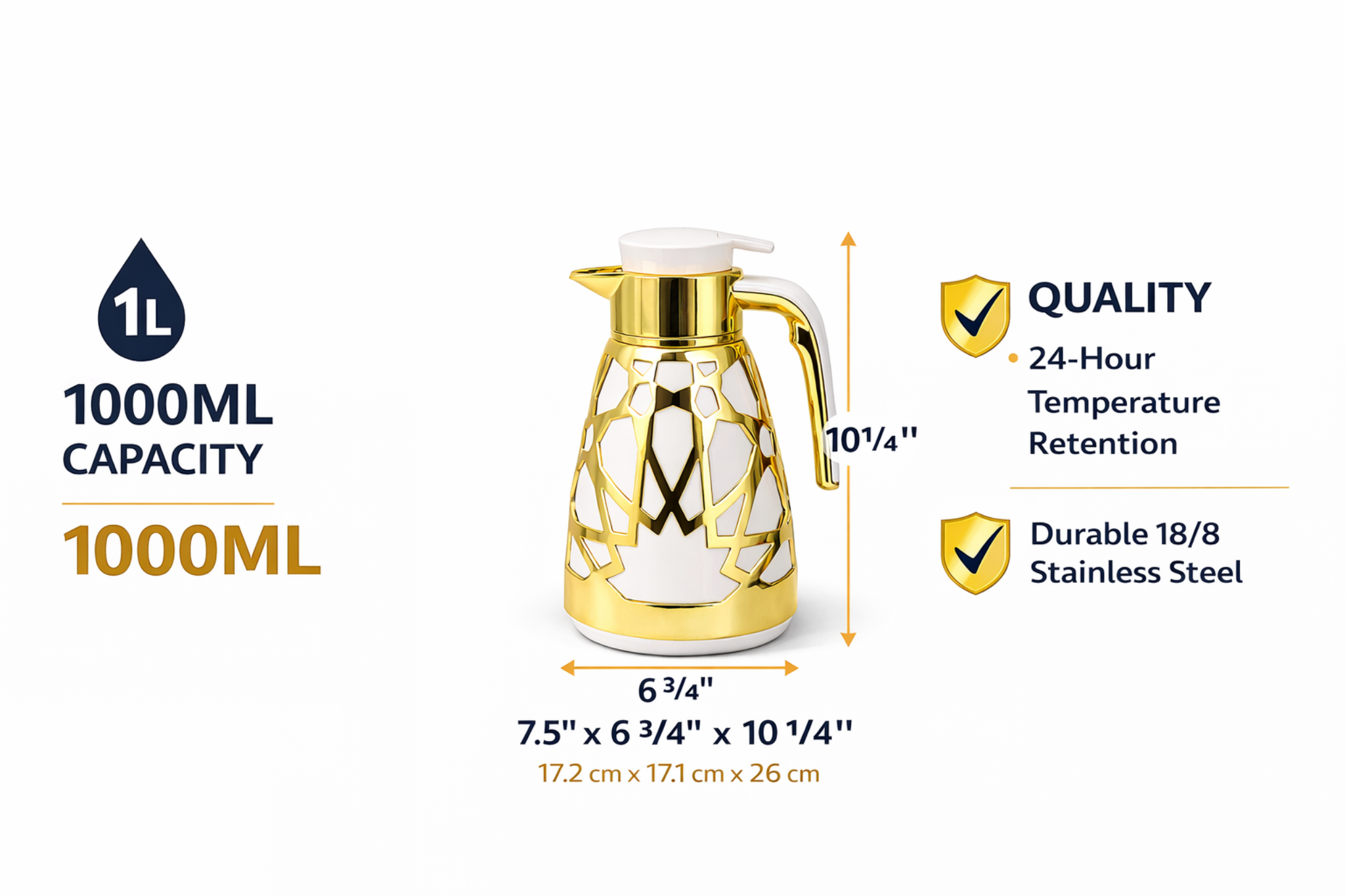 Luxury Geometric Cutout Thermal Coffee & Tea Flask - White & Gold (Modern Arabic Dallah Style)