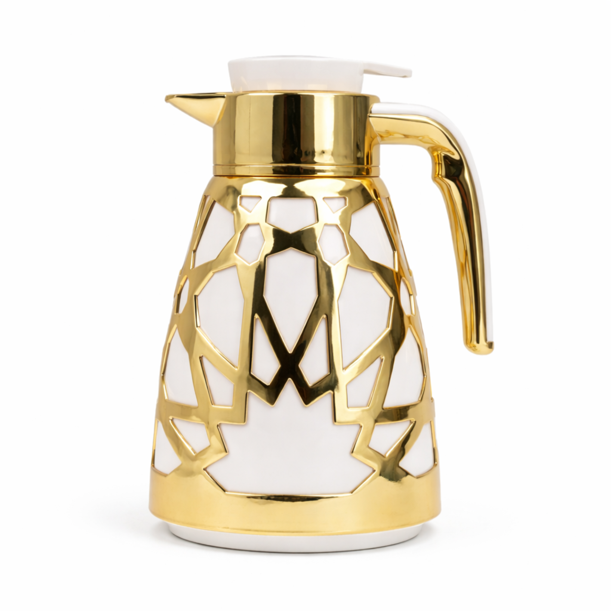Luxury Geometric Cutout Thermal Coffee & Tea Flask - White & Gold (Modern Arabic Dallah Style)
