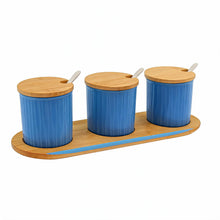 Scandi Style Blue Ceremic Storage Jars (Set of 3) with Wooden Tops and Tray