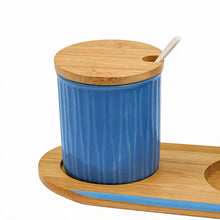 Scandi Style Blue Ceremic Storage Jars (Set of 3) with Wooden Tops and Tray
