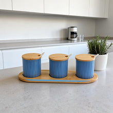 Scandi Style Blue Ceremic Storage Jars (Set of 3) with Wooden Tops and Tray