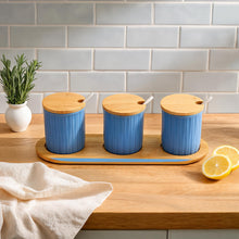 Scandi Style Blue Ceremic Storage Jars (Set of 3) with Wooden Tops and Tray