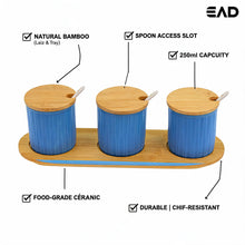 Scandi Style Blue Ceremic Storage Jars (Set of 3) with Wooden Tops and Tray