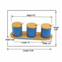 Scandi Style Blue Ceremic Storage Jars (Set of 3) with Wooden Tops and Tray