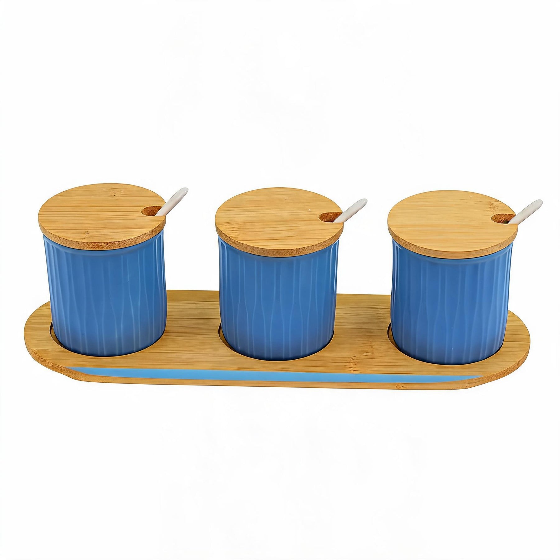 Scandi Style Blue Ceremic Storage Jars (Set of 3) with Wooden Tops and Tray