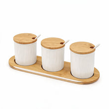 Scandi Style White Ceremic Storage Jars (Set of 3) with Wooden Tops and Tray