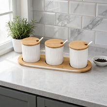 Scandi Style White Ceremic Storage Jars (Set of 3) with Wooden Tops and Tray