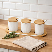 Scandi Style White Ceremic Storage Jars (Set of 3) with Wooden Tops and Tray