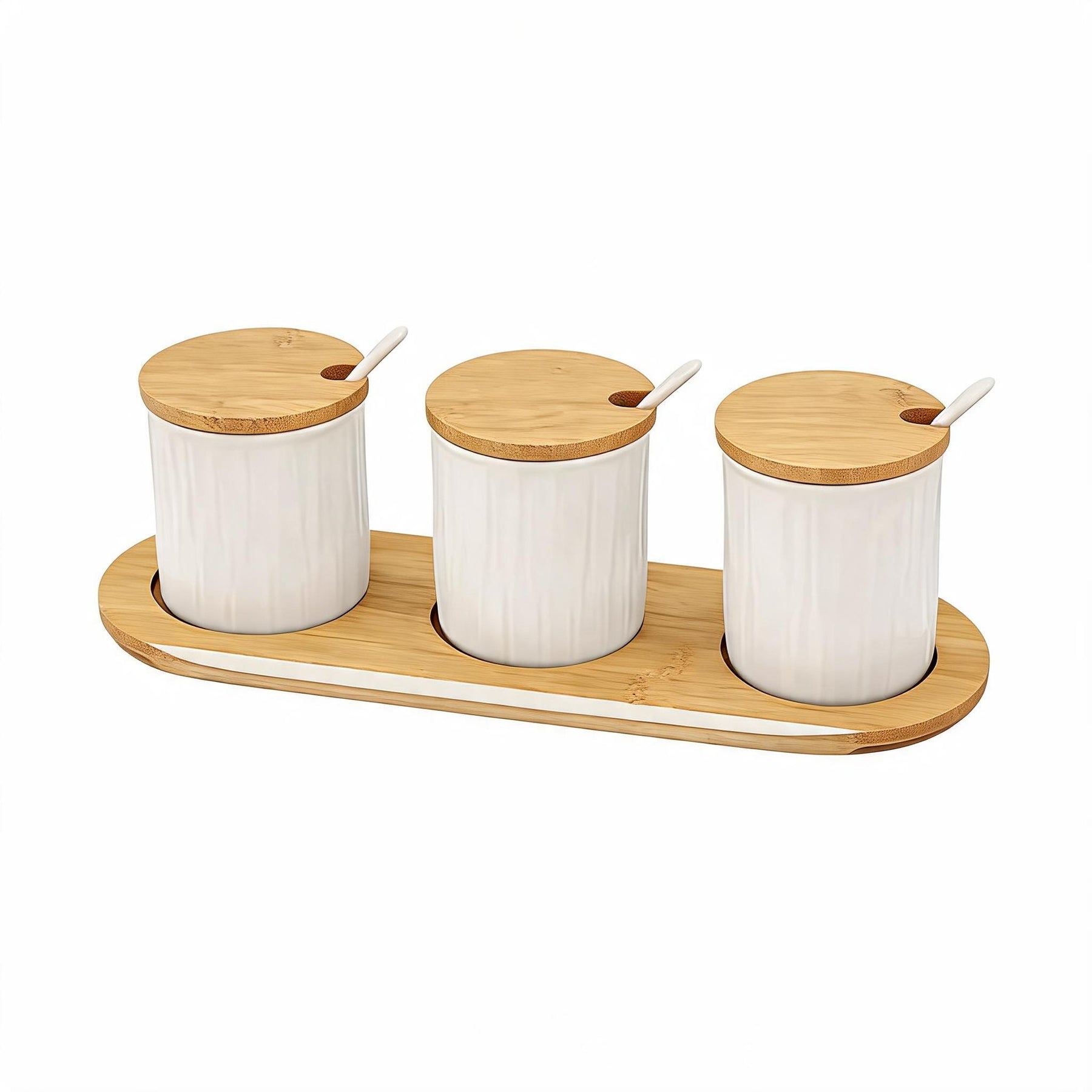 Scandi Style White Ceremic Storage Jars (Set of 3) with Wooden Tops and Tray
