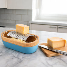 Bamboo Lid Storage Bowl with Stainless Steel Grater Insert - Blue