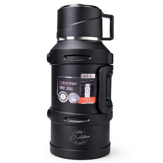 El Adham Black Vacuum Insulated Flask – 3200ML Thermal Beverage Flask with Cup Lid and Carry Handle