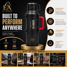 El Adham Intelligent Temperature Display Vacuum Flask, 4000ML, Black, Portable Thermal Beverage Flask with Red Handle and Cup Lid