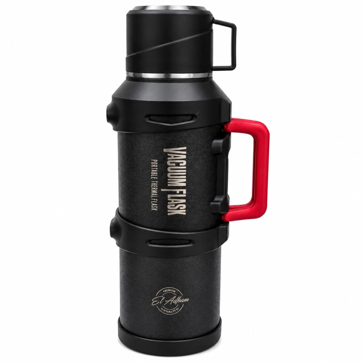 El Adham Intelligent Temperature Display Vacuum Flask, 4000ML, Black, Portable Thermal Beverage Flask with Red Handle and Cup Lid