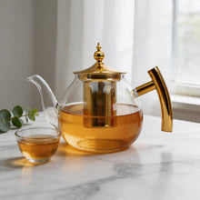 Glass Teapot with Gold Stainless Steel Infuser & Wooden Handle - Luxury Loose Leaf Tea Pot (1000ml)