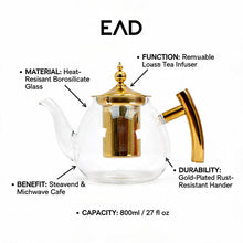 Glass Teapot with Gold Stainless Steel Infuser & Wooden Handle - Luxury Loose Leaf Tea Pot (1200ml)