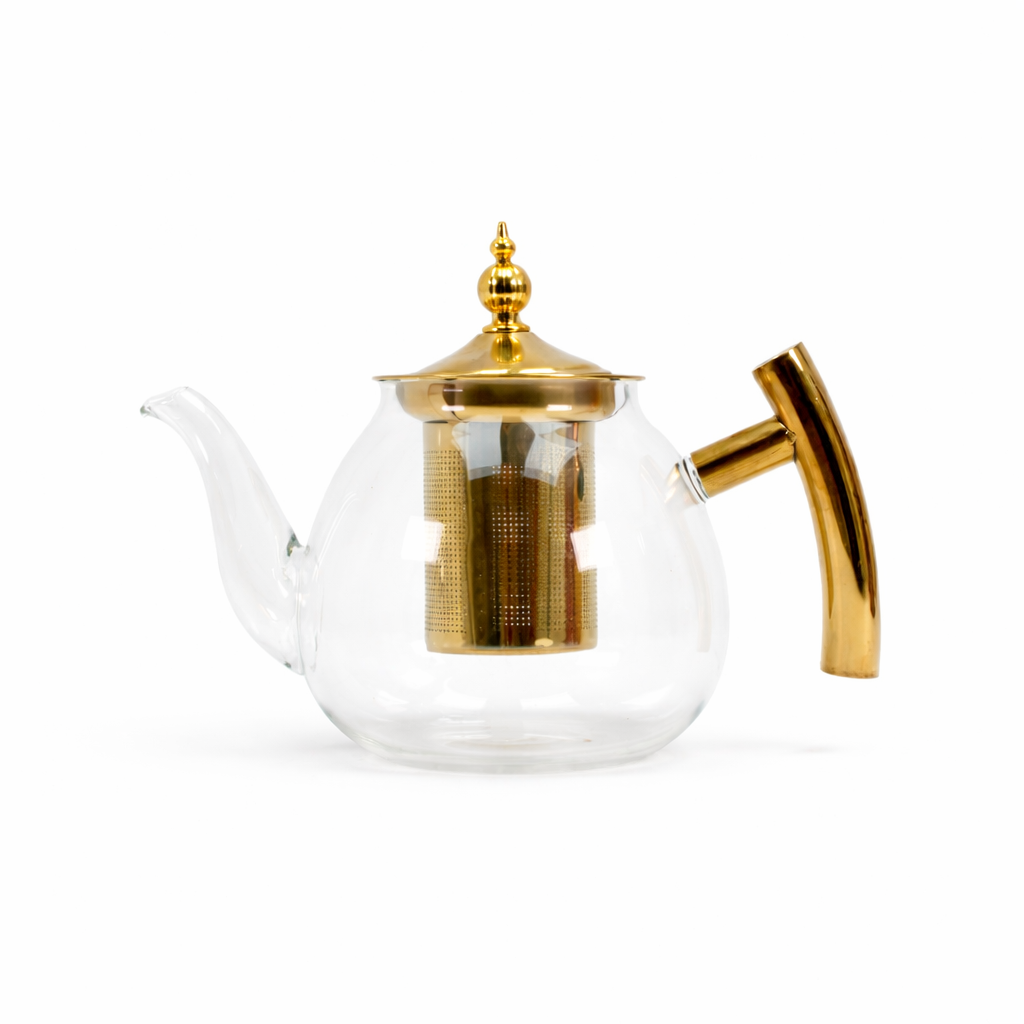 Glass Teapot with Gold Stainless Steel Infuser & Wooden Handle - Luxury Loose Leaf Tea Pot (1200ml)