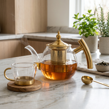 Glass Teapot with Gold Stainless Steel Infuser & Wooden Handle - Luxury Loose Leaf Tea Pot (800ml)