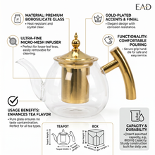 Glass Teapot with Gold Stainless Steel Infuser & Wooden Handle - Luxury Loose Leaf Tea Pot (800ml)