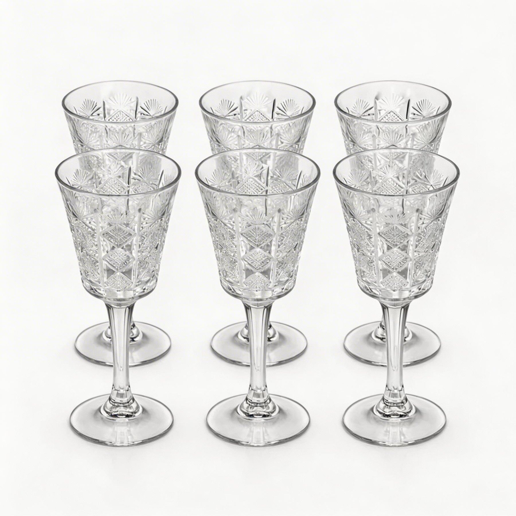 Clear Embossed Wine Goblet Glasses - Set of 6 Elegant Stemware