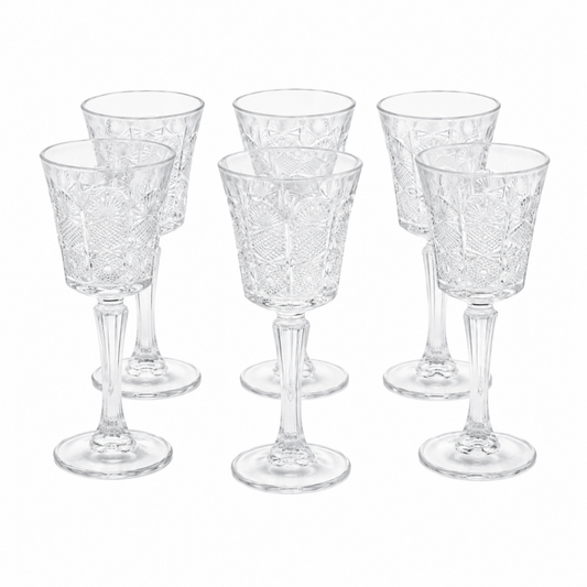 Clear Embossed Wine Goblet Glasses - Set of 6 Elegant Stemware