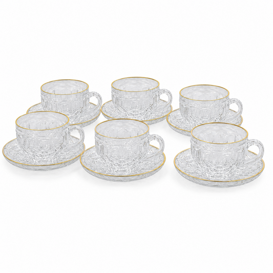 Gold Rimmed Crystal Espresso Cup & Saucer Set - 12-Piece Luxury Coffee Serving Set