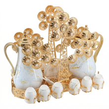Luxury Marble Tea & Coffee Server Set with Gold Accents - Dual Pot Beverage Set with Cups & Ornate Stand (0.7L + 1L)