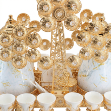 Luxury Marble Tea & Coffee Server Set with Gold Accents - Dual Pot Beverage Set with Cups & Ornate Stand (0.7L + 1L)
