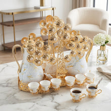Luxury Marble Tea & Coffee Server Set with Gold Accents - Dual Pot Beverage Set with Cups & Ornate Stand (0.7L + 1L)