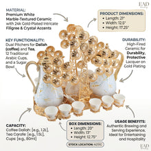 Luxury Marble Tea & Coffee Server Set with Gold Accents - Dual Pot Beverage Set with Cups & Ornate Stand (0.7L + 1L)