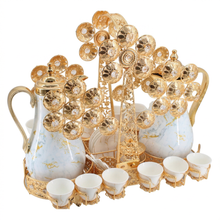 Luxury Marble Tea & Coffee Server Set with Gold Accents - Dual Pot Beverage Set with Cups & Ornate Stand (0.7L + 1L)
