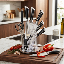 Premium Kitchen Knife Set with Acrylic Rotating Stand - Stainless Steel Knives, Scissors & Peeler (Complete Cutlery Set)