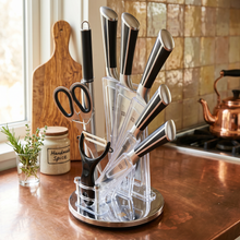 Premium Kitchen Knife Set with Acrylic Rotating Stand - Stainless Steel Knives, Scissors & Peeler (Complete Cutlery Set)
