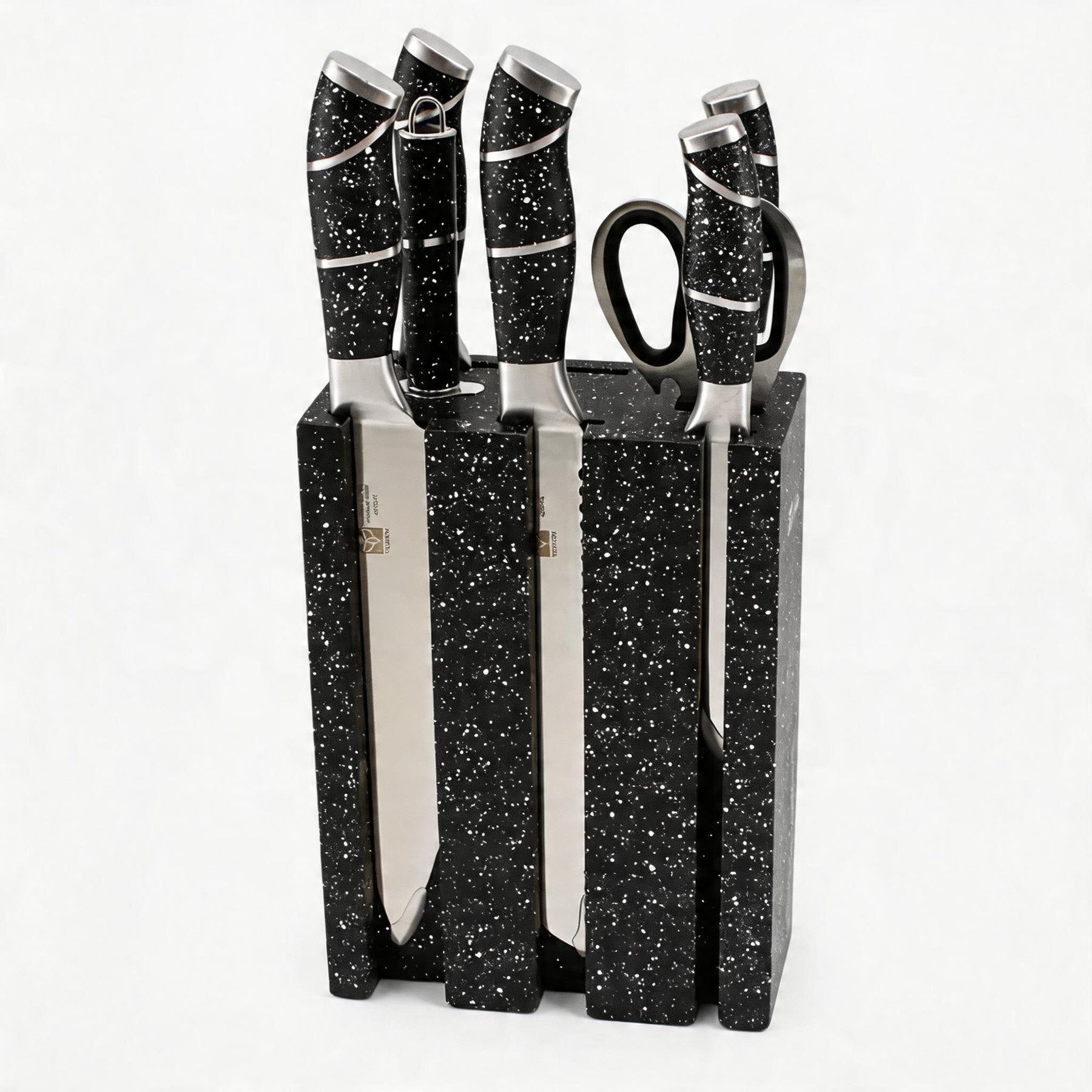Granite-Style Stainless Steel Knife Set with Black Speckled Block & Ergonomic Handles