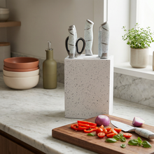 White Granite-Style Stainless Steel Knife Set with Speckled Block & Ergonomic Handles
