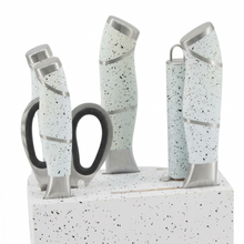 White Granite-Style Stainless Steel Knife Set with Speckled Block & Ergonomic Handles