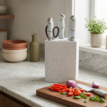 White Granite-Style Stainless Steel Knife Set with Speckled Block & Ergonomic Handles