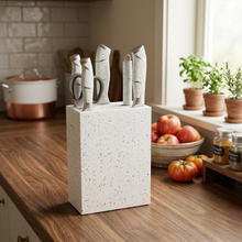 White Granite-Style Stainless Steel Knife Set with Speckled Block & Ergonomic Handles