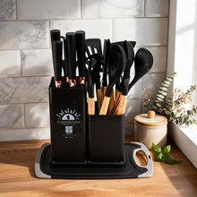 Multi-Function Silicone Kitchen Utensil & Knife Storage Set with Cutting Board - Black