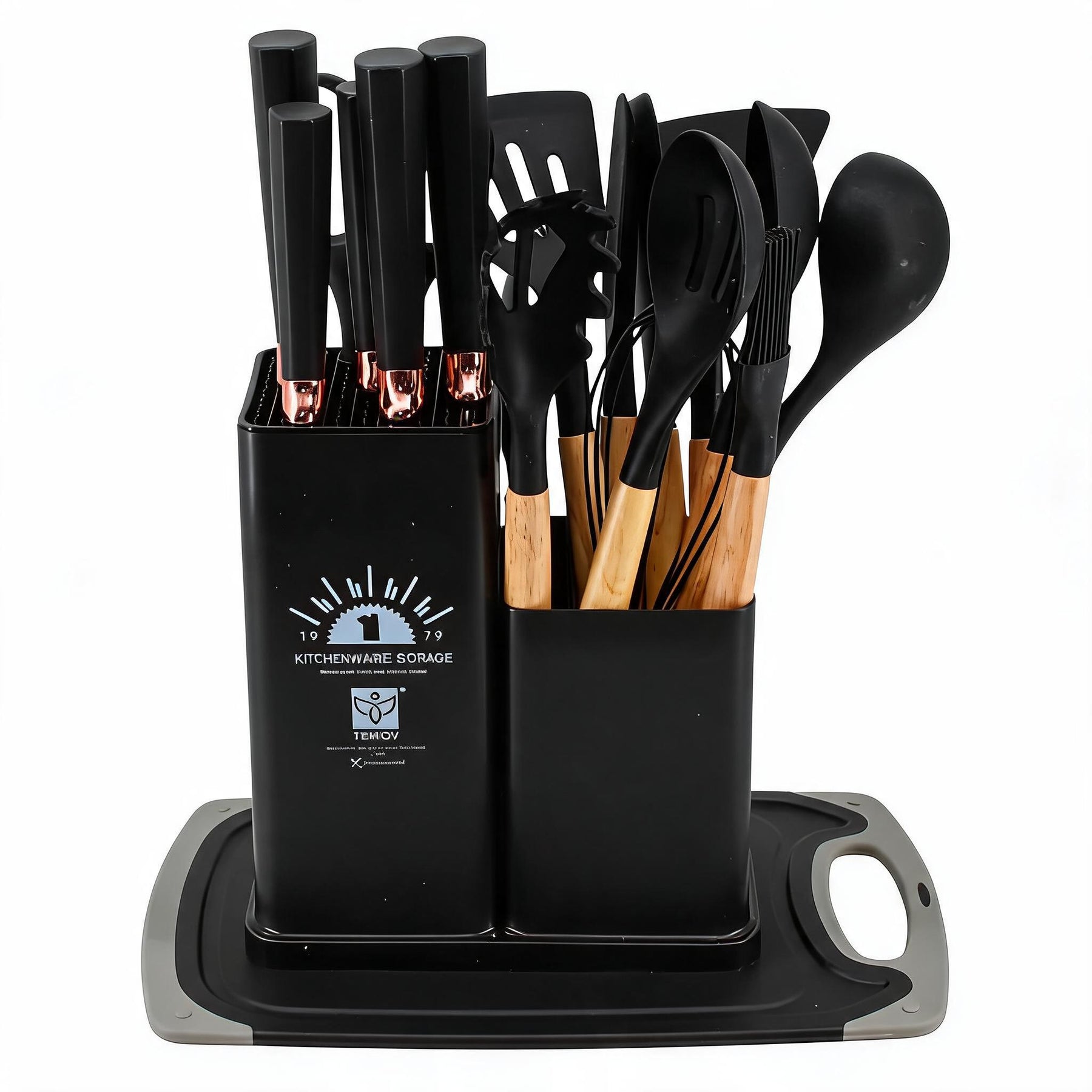 Multi-Function Silicone Kitchen Utensil & Knife Storage Set with Cutting Board - Black