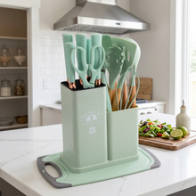 Multi-Function Silicone Kitchen Utensil & Knife Storage Set with Cutting Board - Pistachio