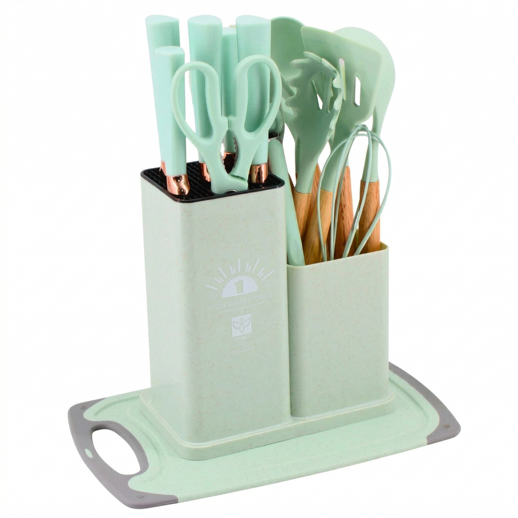 Multi-Function Silicone Kitchen Utensil & Knife Storage Set with Cutting Board - Pistachio