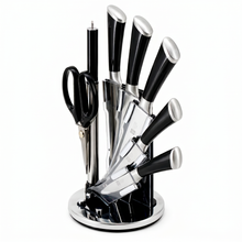 Modern Stainless Steel Knife Set with Rotating Black Stand - Ergonomic Handles & Kitchen Scissors